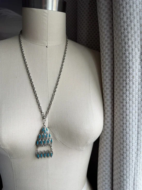 Vintage | Silver-tone Turquoise Color Pendant Dangle Bohemian 24 Inch Necklace - Picture 11 of 12